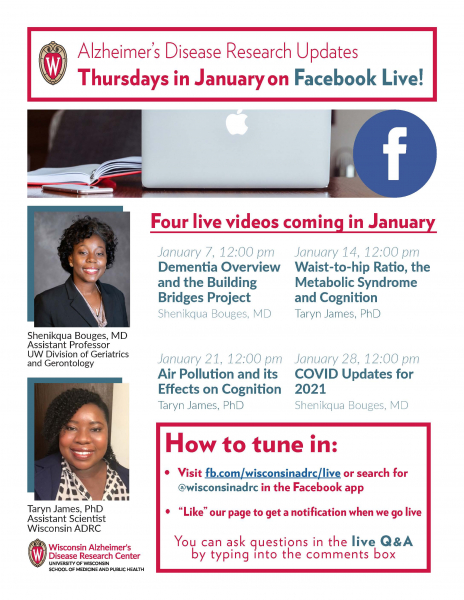 flyer promoting Alzheimer's Disease Research Updates, Thursdays in January on Facebook Live