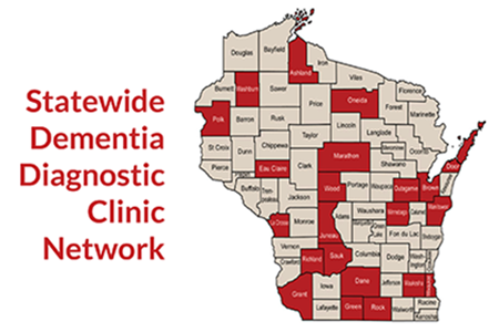 map of Wisconsin with dementia diagnostic clinic network locations highlighted in red by county