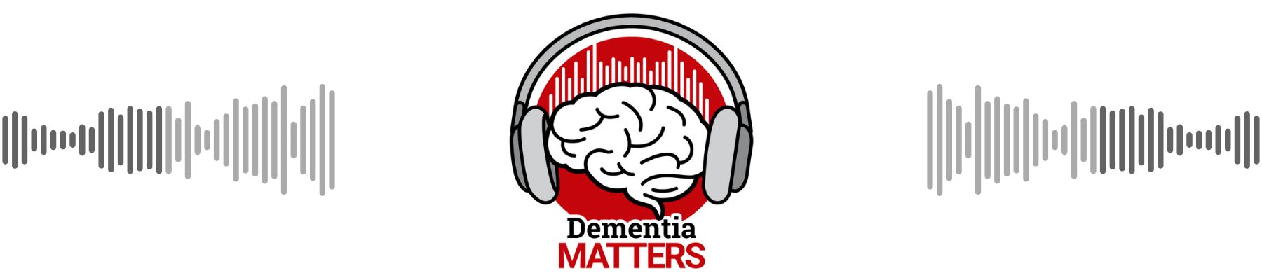 Dementia Matters logo, which consists of an illustration of a brain wearing headphones with sounds waves in the background