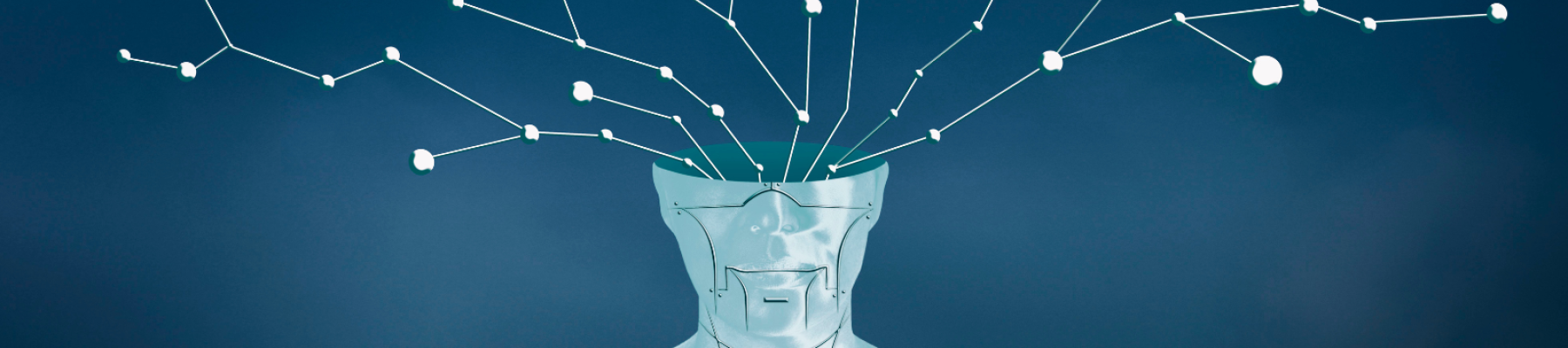 A light blue figure of a head against a dark blue background. From the head, neurons in the forms of lines and dots branch out