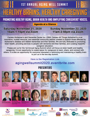 flyer for aging well summit: healthy brains, healthy caregiving 2020