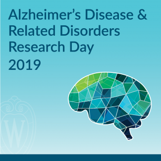 square logo for Alzheimer's disease research day with multicolored blue and green brain 