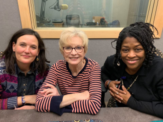 carey gleason, carol koby, and fabu carter pose in the radio station before recording a radio program