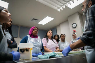 pathologist lecturing high school-aged students during brain examination