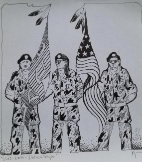 pen and ink drawing of three Native American Veterans dressed in camouflaged fatigues and standing among two flags 
