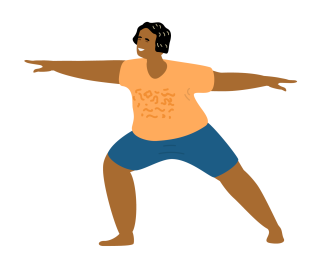 illustration of Black woman in blue shorts and orange shirt in a warrior yoga pose