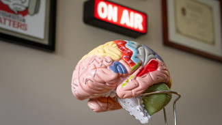 Plastic model of a brain with a lit up On Air sign behind