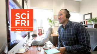 A photo of Dr. Nathaniel Chin at his desk set up to record a podcast. Over the screen, an icon of NPR's Science Friday logo