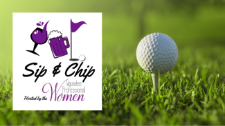 Sip &  Chip logo with stock photo of golf ball on a green