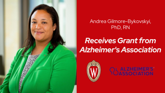 A headshot of Andrea Gilmore-Bykovskyi, PhD, RN alongside the UW crest and Alzheimer's Association logo