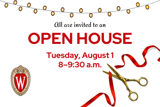 Graphic image to promote an open house at the UW South Madison Partnership office on August 1.