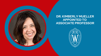 Graphic with Dr. Kimberly Mueller's headshot announcing her appointment to associate professor