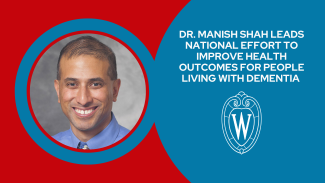 Headshot of Dr. Manish Shah and white UW Madison crest