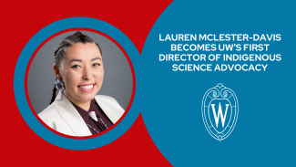 Headshot of Lauren McLester-Davis on graphic red and blue background with UW shield