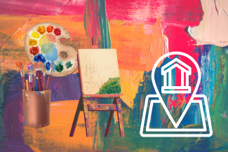 Art-themed graphic featuring a colorful abstract painted background with a painter’s palette, a jar of paintbrushes, an easel holding a sketched canvas, and an icon of a museum location marker.