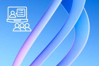 Abstract blue background with curved ribbon-like shapes and a white icon of a virtual presentation showing a speaker on a screen and three audience figures.