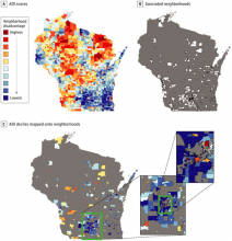 series of maps of Wisconsin showing neighborhood disadvantage rankings