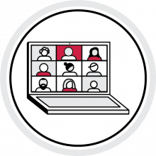 icon of a laptop computer with a grid of 9 people in a virtual meeting scenario