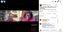 screen shot of a facebook live video with two people on screen talking