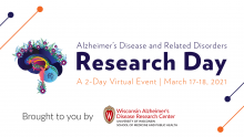image of a colorful brain and text promoting Alzheimer's Disease and Related Disorders Research Day A 2-day virtual event March 17-18, 2021