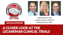 A graphic for a special episode of Dementia Matters, "A Closer Look at the Lecanemab Clinical Trials". Text has the title underneath the podcast logo and headshots of Drs. Nathaniel Chin, Cynthia Carlsson, and Sterling Johnson