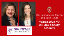 Headshots of Dr. Maria Mora Pinzon and Dr. Beth Fields are on the left above the NIA IMPACT Collaboratory logo. On the right half of the graphic is text saying "Drs. Maria Mora Pinzon and Beth Fields Named 2023 NIA IMPACT Faculty Scholars."