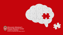 Red background, white puzzle of a brain with a piece missing in foreground, Wisconsin ADRC logo to the left
