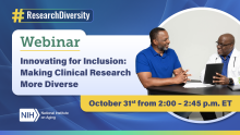 A graphic promoting a webinar on Research Diversity titled "Innovating for Inclusion: Making Clinical Research More Diverse"