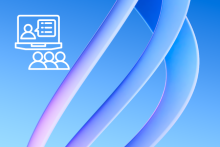 Abstract blue background with curved ribbon-like shapes and a white icon of a virtual presentation showing a speaker on a screen and three audience figures.